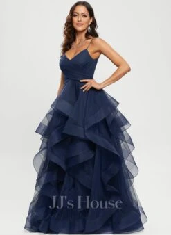 Gala-japon/prinses V-hals Asymmetrische Tule Tule Galajurk -FloraSelf winkel 253eccf6fe6b25bcc77554301111240c