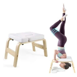 Decopatent Decopatent® Yoga Stoel - Bamboe Inversie Stoel - Wit Kussen - Meditatie Bankje - Hoofdstand Bankje - Yoga Kruk - Yoga Oefening Trainer - Yogastoel - Handstand Trainer - Omgekeerde Kruk / Stoel