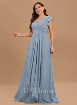 A-lijn-jurk V-hals Vloer Lengte De Chiffon Bruidsmeisjes Jurk Met Roes -FloraSelf winkel 44eb3d1a4b5e7aa035b3afacea9f4c65