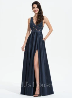 A-lijn-jurk V-hals Vloer Lengte Satijn Satijn Galajurk Met Kant Split Voorzijde Zakken Pailletten