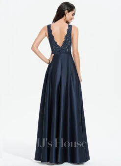 A-lijn-jurk V-hals Vloer Lengte Satijn Satijn Galajurk Met Kant Split Voorzijde Zakken Pailletten -FloraSelf winkel 7e7c45b730255d5e7599be1bce01b5d7