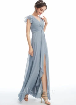 A-lijn-jurk V-hals Vloer Lengte De Chiffon Bruidsmeisjes Jurk Met Roes -FloraSelf winkel 959002b9dea43d2340e163bcf3b769f5