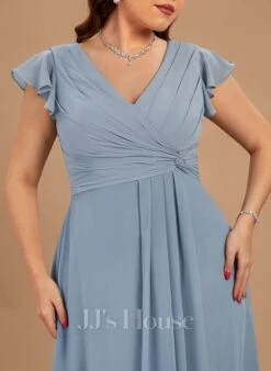 A-lijn-jurk V-hals Vloer Lengte De Chiffon Bruidsmeisjes Jurk Met Roes -FloraSelf winkel c1ddd8687d432879a078639223d60c94