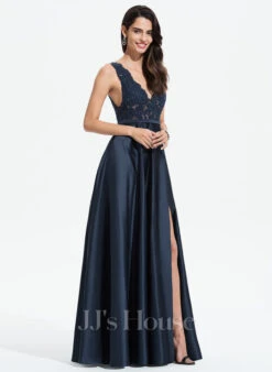 A-lijn-jurk V-hals Vloer Lengte Satijn Satijn Galajurk Met Kant Split Voorzijde Zakken Pailletten -FloraSelf winkel d3dd78dc2388c064362c9361bba39375